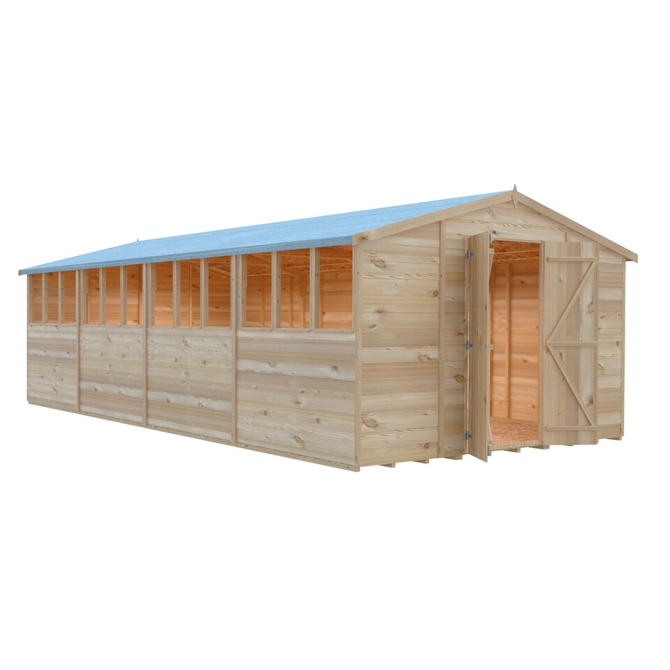 image 1 of Overlap 10 x 20 Feet Dip Treated Apex Shed Double Door with Windows | Brown