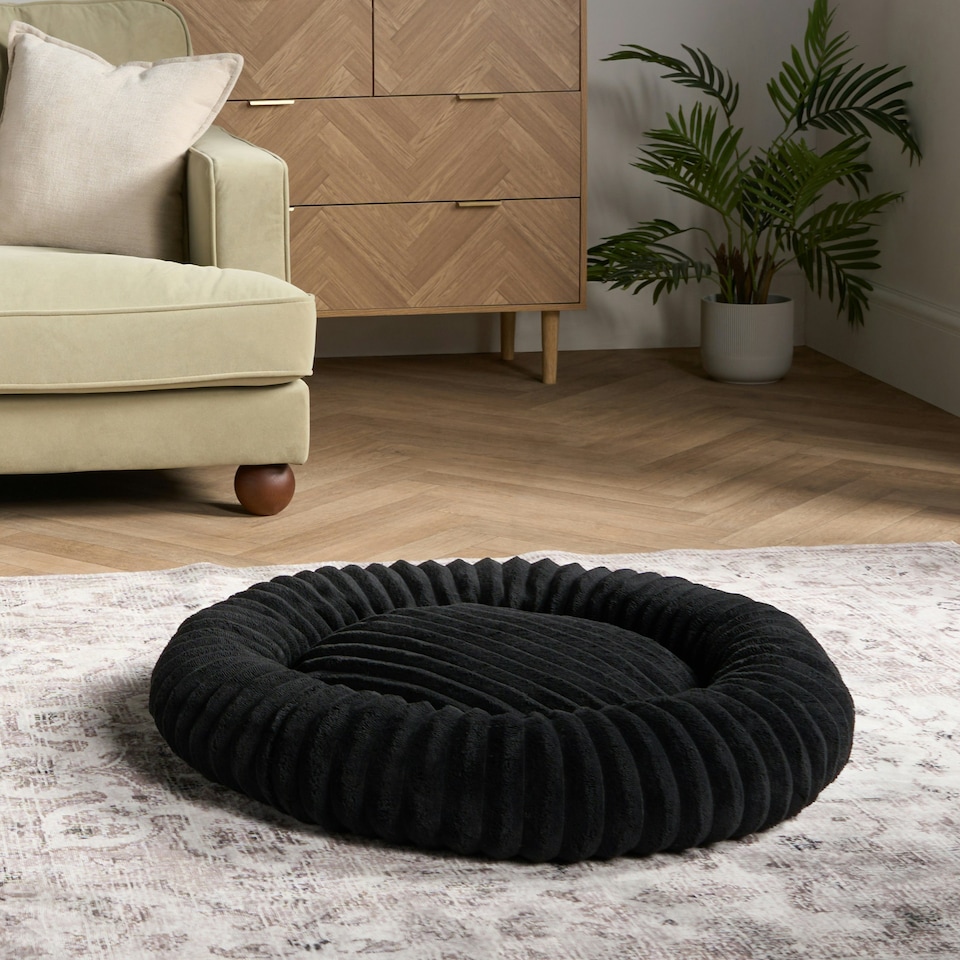 image 1 of OHS Ribbed Round Plush Plump Soft Warm Cosy Pet Dog Cat Cushioned Donut Bed Black | L