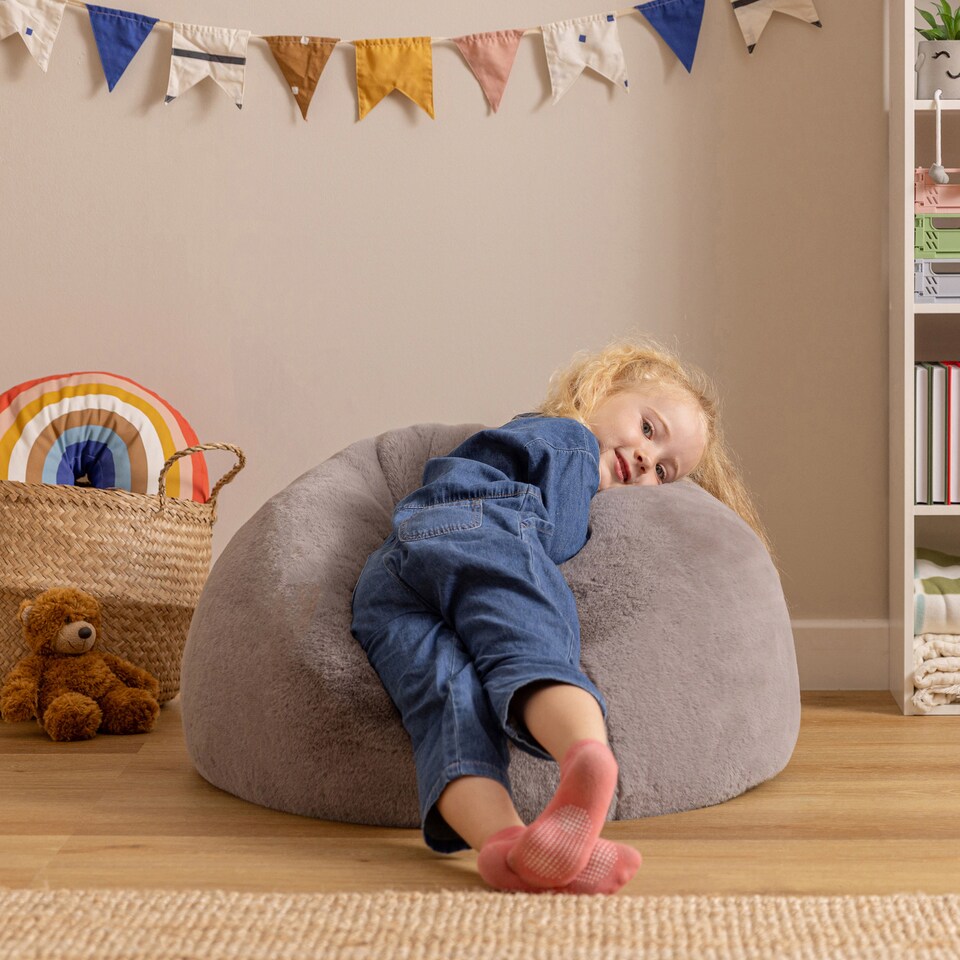 image 1 of Icon Kids Kingston Rabbit Faux Fur Classic Dome Bean Bag, Light Grey