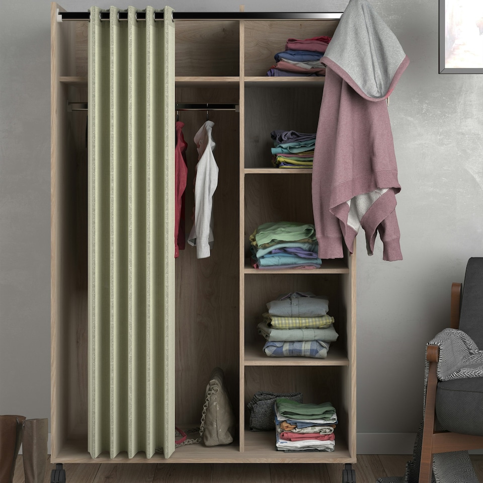 image 1 of Uppsala Open Mobile Wardrobe Unit in Jackson Hickory Oak with a Beige Textile Curtain on Wheels