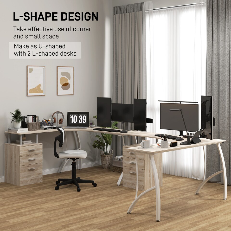 image 1 of HOMCOM L-Shaped Computer Desk Table with Storage Drawer, Home Office Desk Corner Industrial Style Workstation for A4 Files 143.5 x 143.5 x 76cm, Oak | Yellow