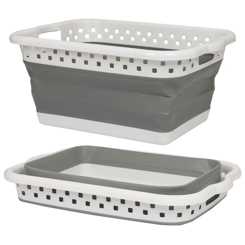 image 1 of Harbour Housewares Collapsible Laundry Basket - 42L - White/Grey | White | White/Grey