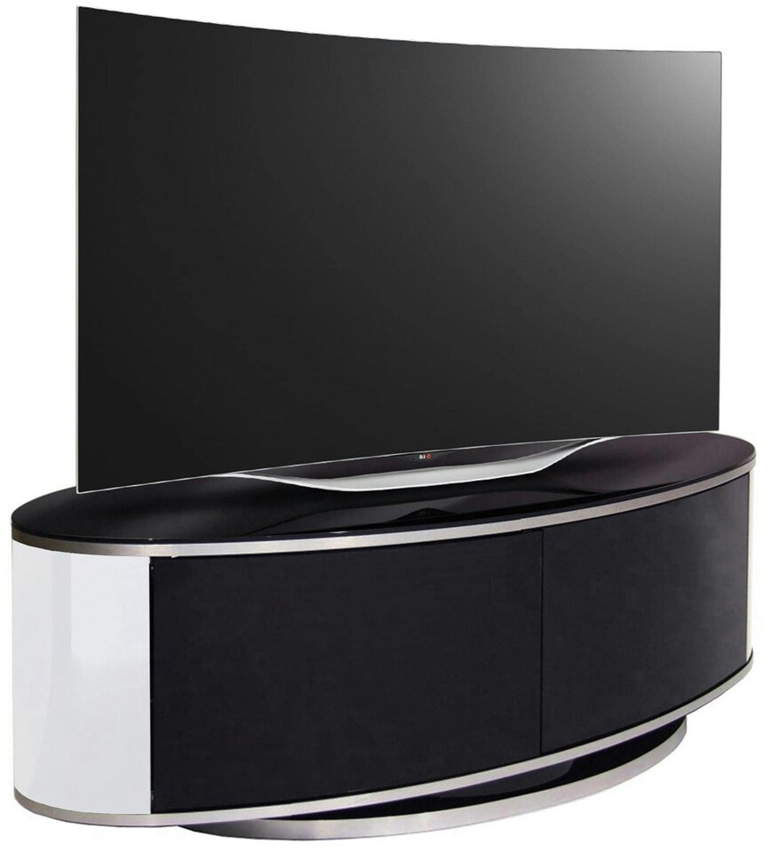 image 1 of MDA Designs LUNA Gloss Black Oval Cabinet with White Profiles and Black BeamThru Glass Doors Suitable for Flat Screen TVs up to 50" | Multi | 1