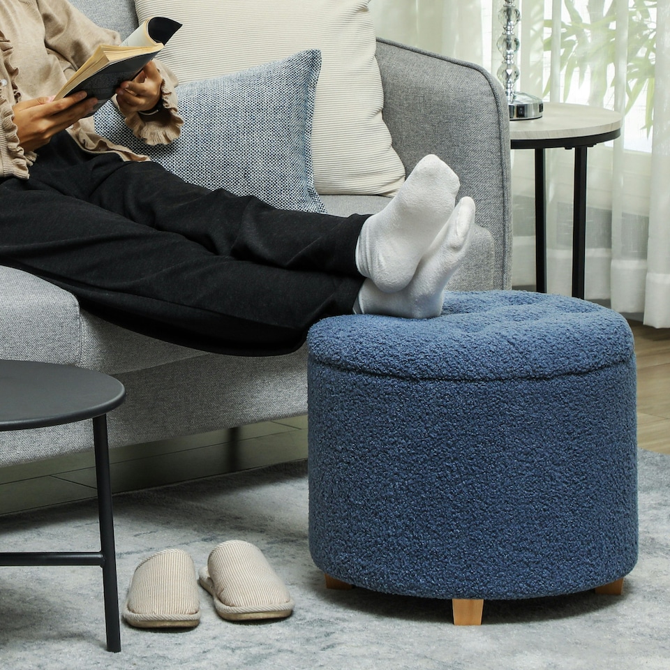 image 1 of HOMCOM 45cm Round Ottoman with Storage, Lid, Cashmere Footstool, Blue