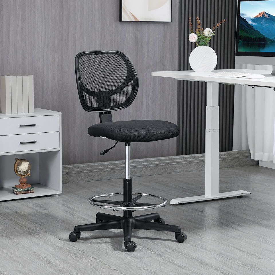 image 1 of Vinsetto Drafting Chair with Adjustable Footrest, Swivel Mesh Office Chair with Curved Back, Adjustable Height for Standing Desk, Black