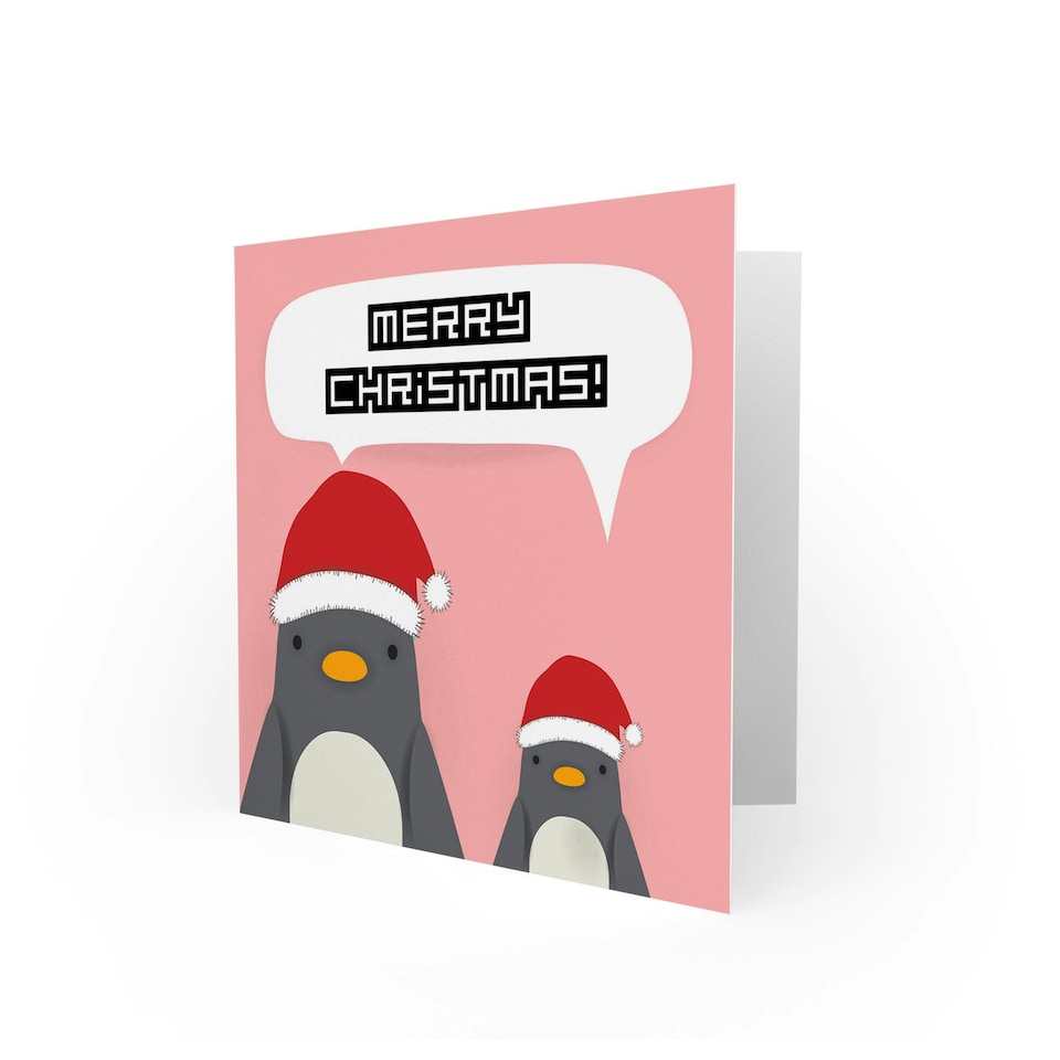 image 1 of Merry Snow Santa Hat Penguin Christmas Card
