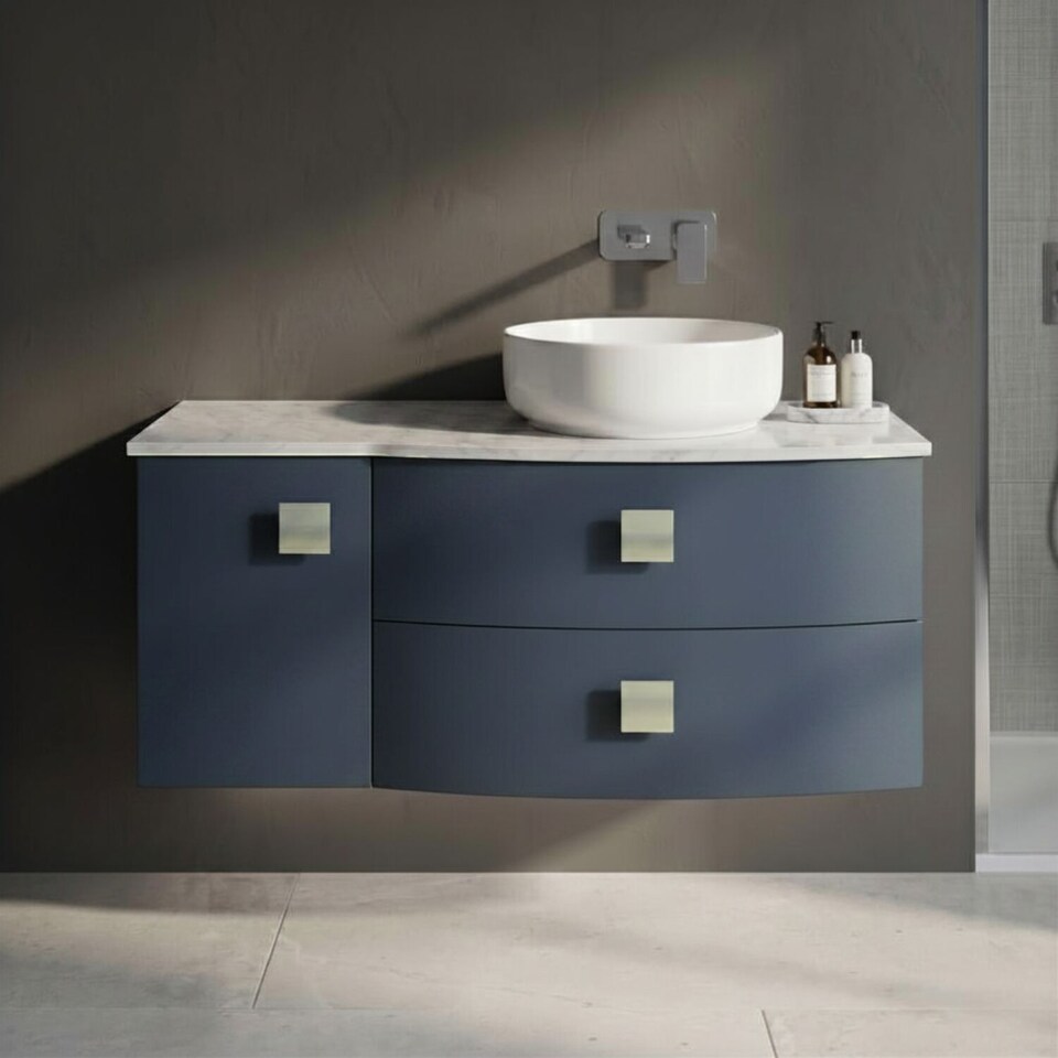 image 1 of Balterley Gentleshaw Contemporary 2 Drawer Right-Hand Wall Hung Vanity Unit with Marble Worktop, Mineral Blue, 1000mm