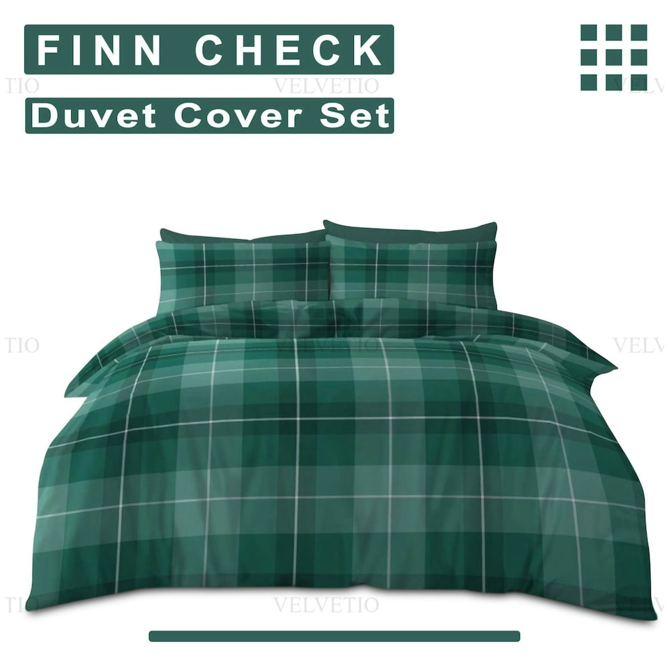 image 1 of VELVETIO Finn Check Complete Duvet Cover Set with Fitted Sheet Soft Polycotton Bedding Sets Green | King