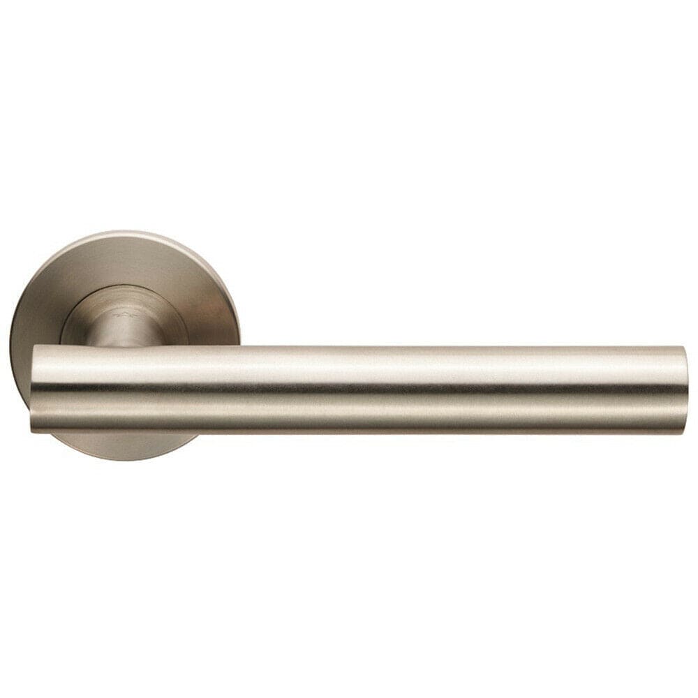 Loops PAIR Straight Round T Bar Lever on Slim Round Rose Concealed Fix Satin Steel in Metallics