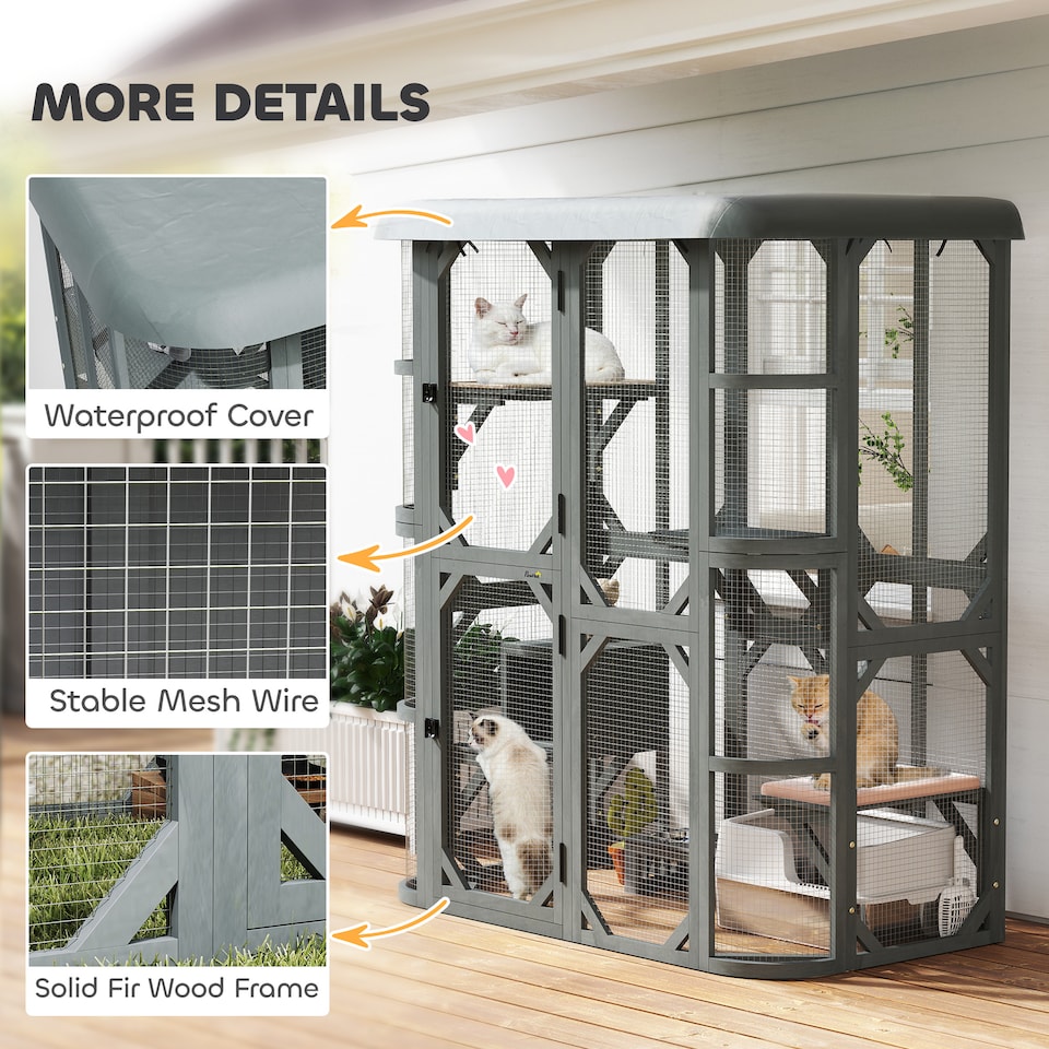 image 1 of PawHut Walk-in Catio, Outdoor Cat Enclosure with 4 Jumping Platforms, Condo and Waterproof Cover, Outdoor Indoor Large Cat House for 2-3 Kittens ,Grey