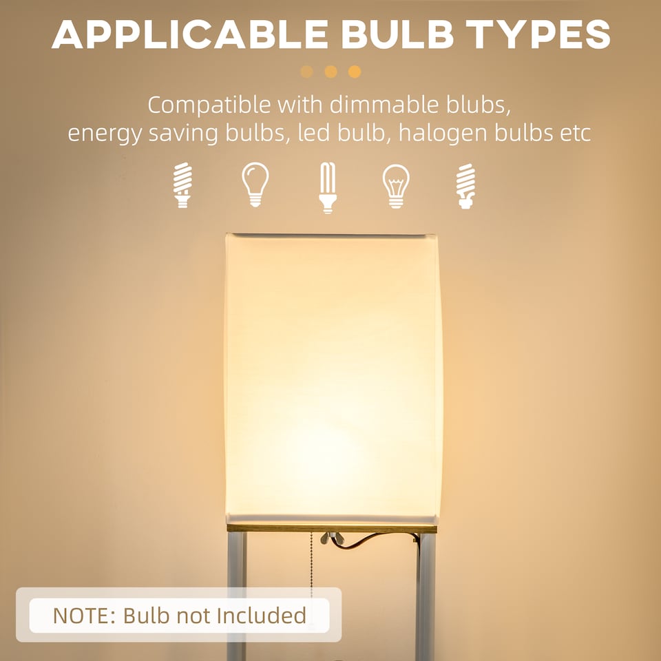 image 1 of HOMCOM Modern Floor Lamp with Shelves, 3 Layer Shelf Tall Standing Lamp with Fabric Lampshade, Pull Chain Switch for Living Room, Bedroom, Bulb not Included, White