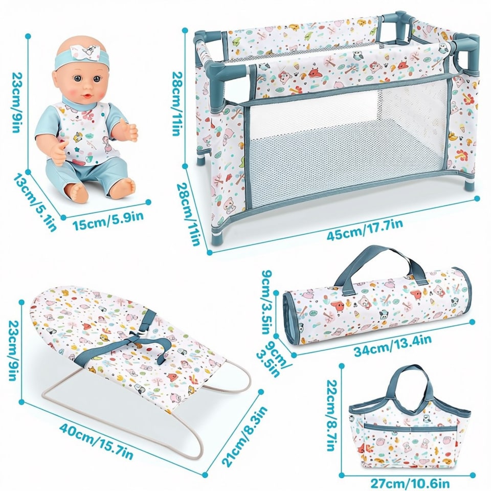 image 1 of 4‑in‑1 Baby Doll Playset – 12" Baby Doll with Crib, Rocking Chair, Storage Bags & Nursery Accessories – Pretend Play Baby Care Toy for Kids Ages 3+
