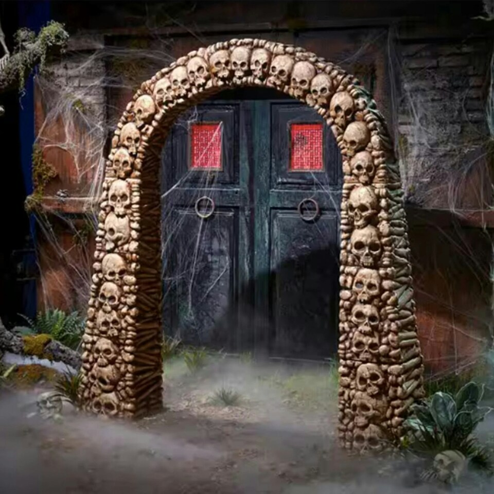 image 1 of Home Accents 7.5ft Tall Skull and Bones Halloween Entrance Archway Decoration