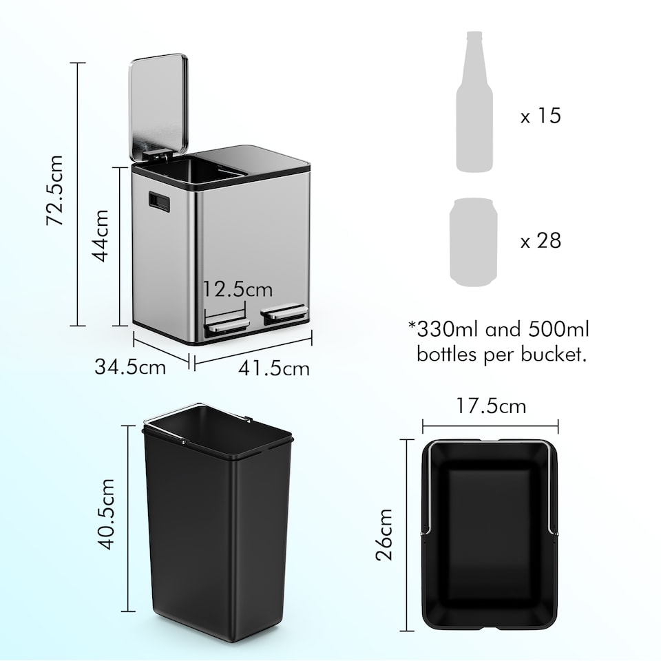image 1 of VonHaus Cream 30L Waste & Recycling Kitchen Bin, 2 x 15L Compartment Stainless Steel Pedal Bin w/ Non Slip Base, Removable In-Bins | Chrome | Stainless Steel | 45L