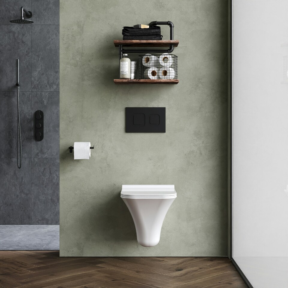 image 1 of Rimless Wall Hung Ceramic Toilet Pan & Soft Close Seat, 355mm