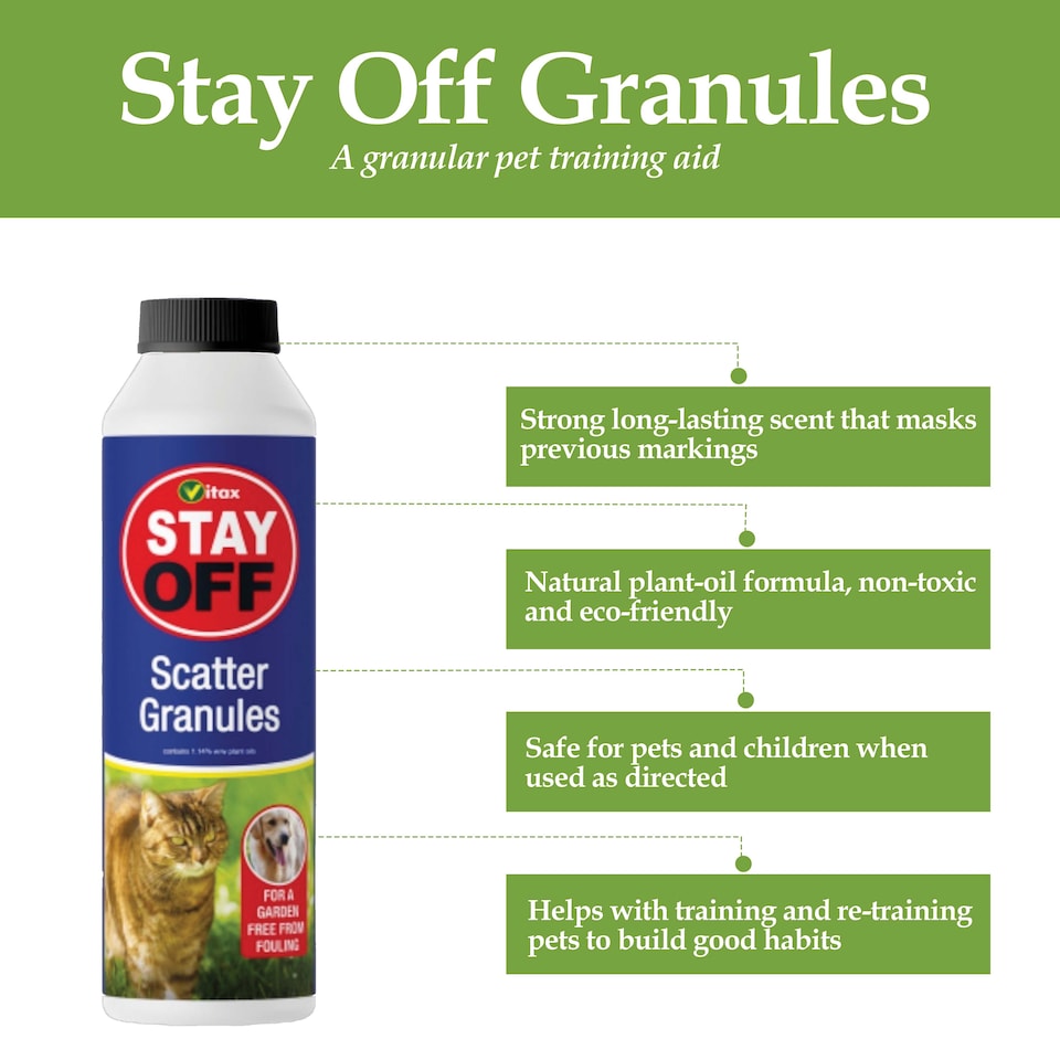 image 1 of Vitax Stay Off Scatter Granules 225g Natural Pet Training Aid for Cats & Dogs