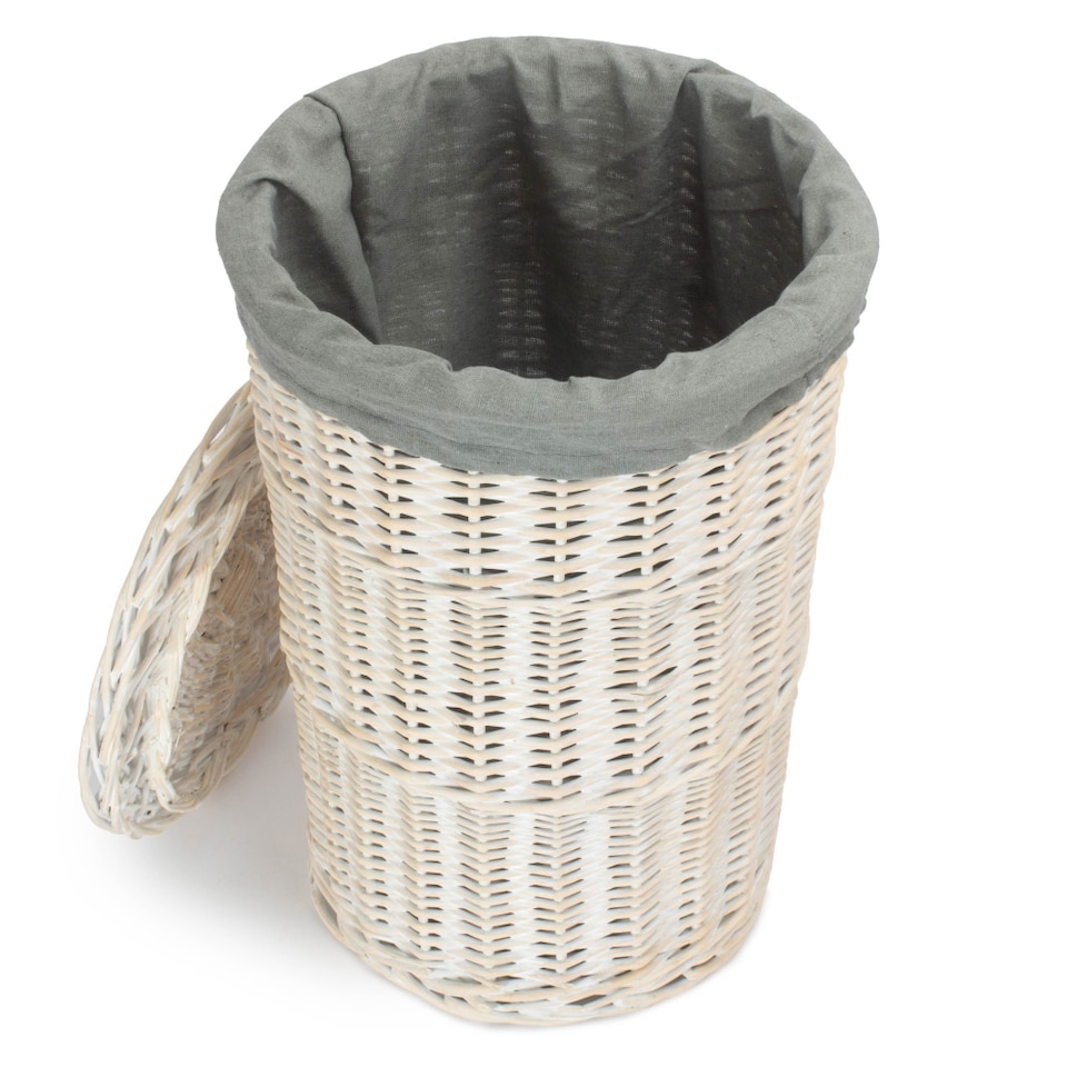 image 1 of Small Round White Wash Laundry Hamper with Grey Sage Lining | Grey | Grey