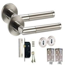 Golden Grace Mitred Style Modern Key Lock Door Handles Lever Latch on Round Rose in Duo Finish with Hinges | Grey | 1 Set