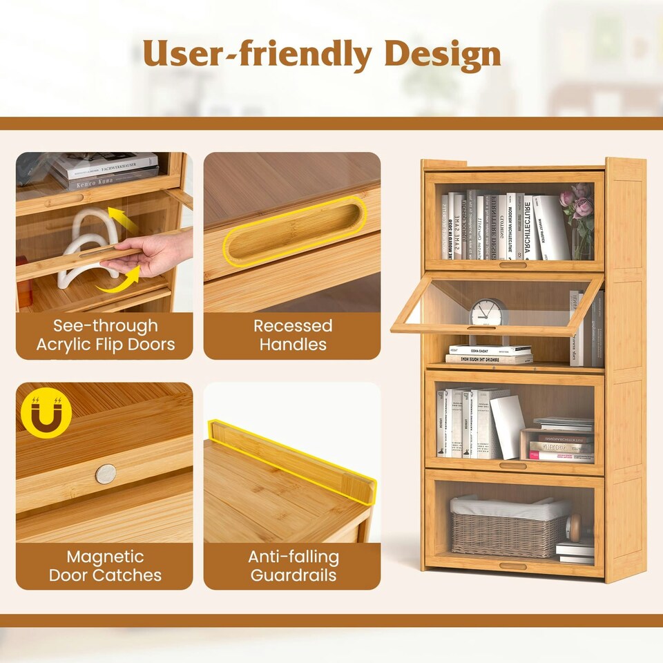 image 1 of COSTWAY 4-Tier Bookcase Bamboo Bookshelf with Doors Natural Brown