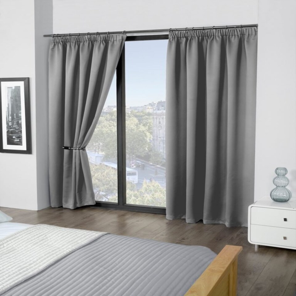 image 1 of Essential Woven Thermal Blackout Pencil Pleat Curtains 116cm x 137cm Grey Grey | Grey
