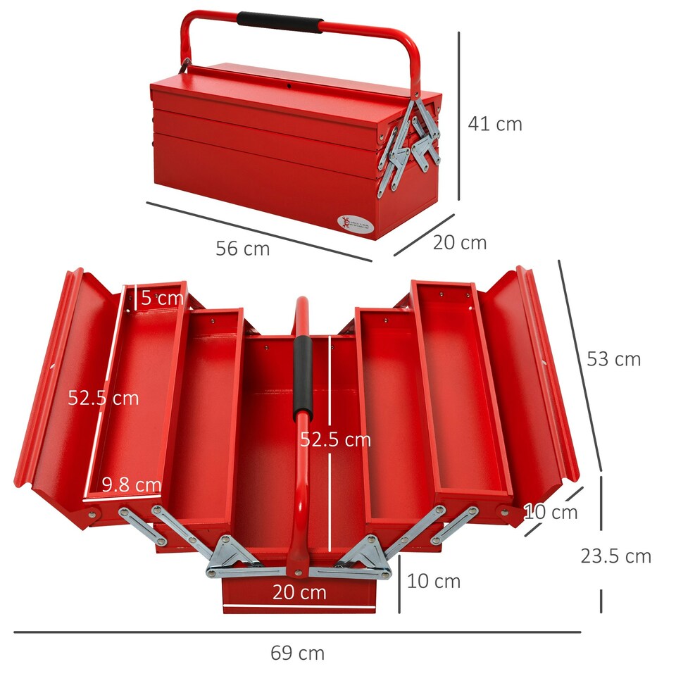 image 1 of DURHAND 3 Tier Metal Toolbox with 5 Tray Carry Handle 56cmx20cmx34cm Red | Red | 56cm x 20cm x 41cm | 1