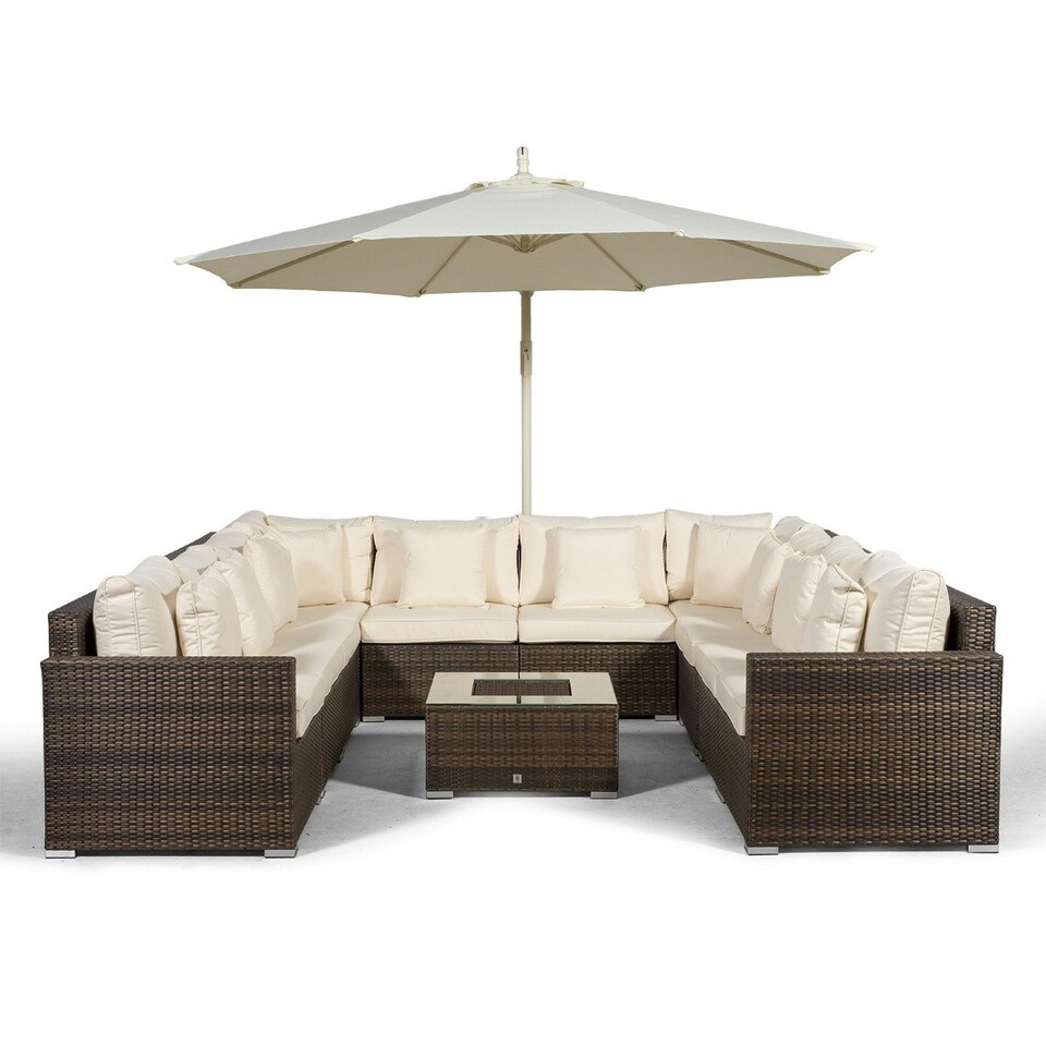 image 1 of Havana 10 Seat Rattan Sofa Conversation Set with Ice Bucket Coffee Table Brown | Ivory
