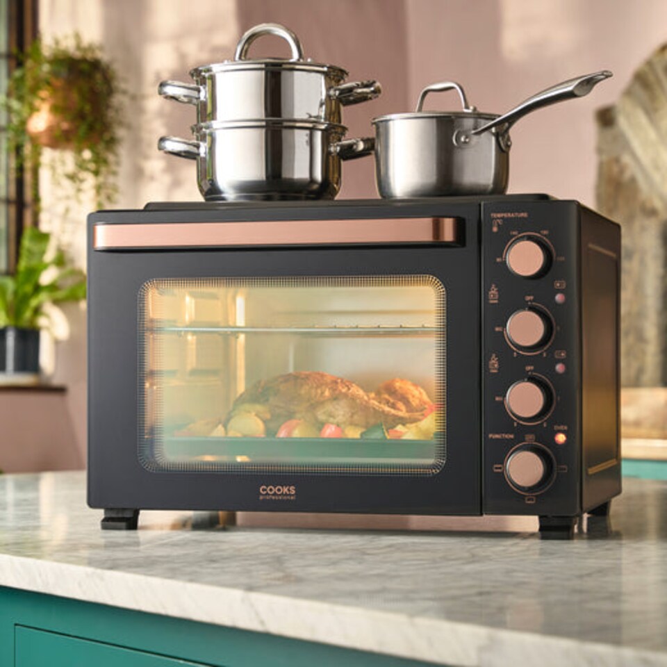 image 1 of Cooks Professional 34L Mini Portable Oven with 2 Ceramic Hobs - Electric Portable Countertop Cooker | Black | Black & Copper | 34L