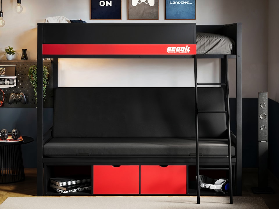 image 1 of Recoil Nova Storage Gaming Metal Bunk with Futon Black & Red