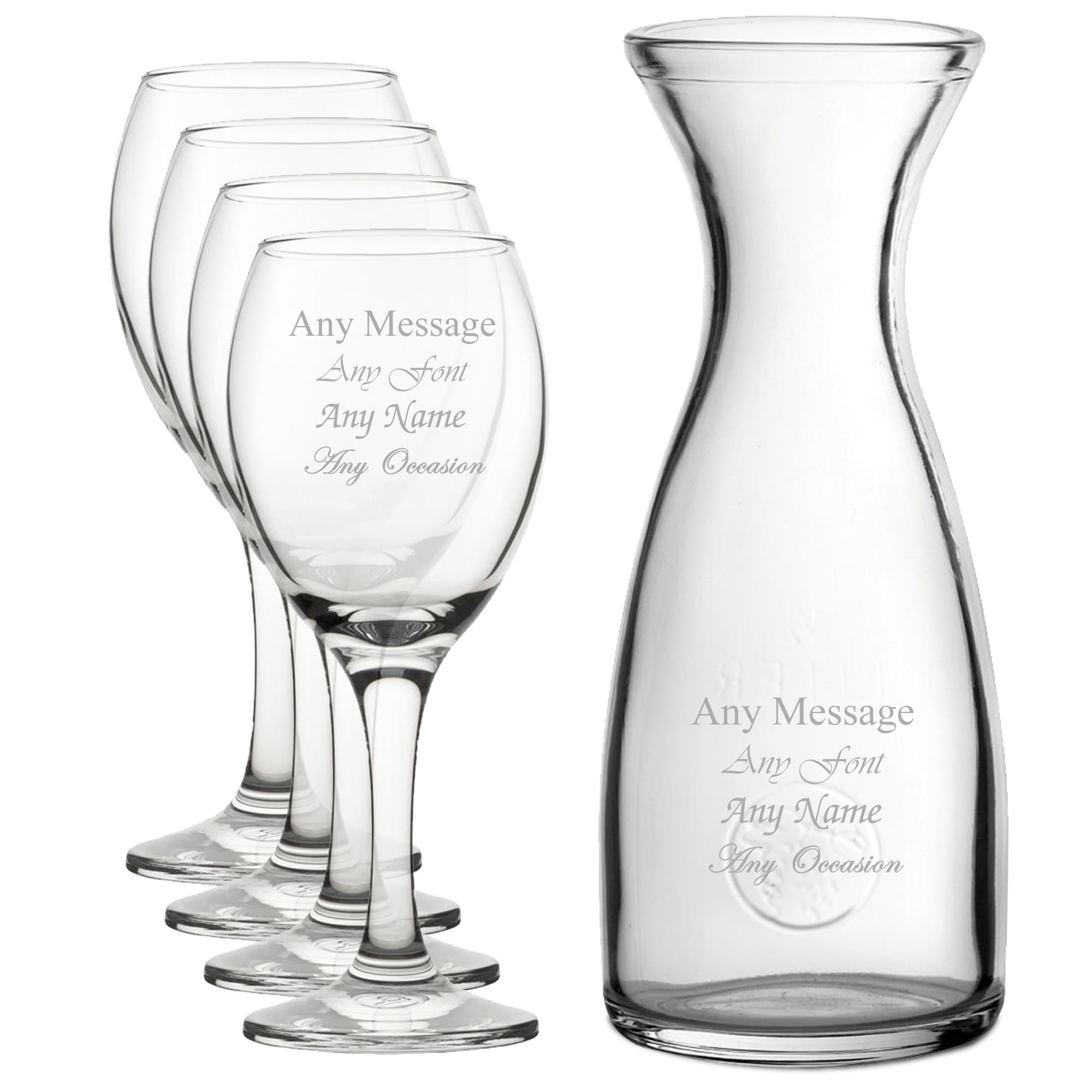 Personalised Engraved Set of 4 Pure Wine Glass 1 Litre Carafe Set