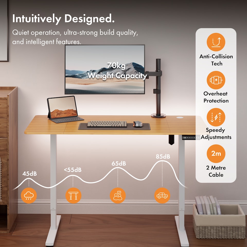 image 1 of Vonhaus Light Wood Maple Effect Electric Standing Desk 140x60cm