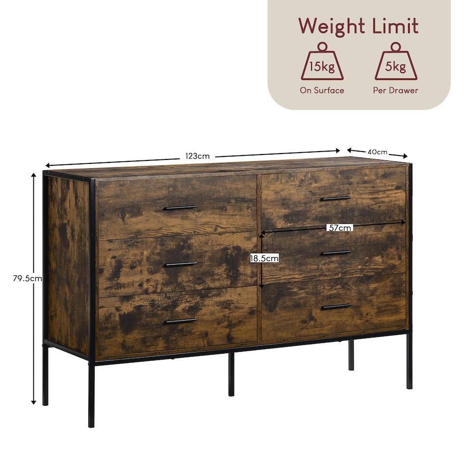 image 1 of Vida Designs Brooklyn 6 Drawer Chest of Drawers Industrial Bedroom Storage, Dark Wood