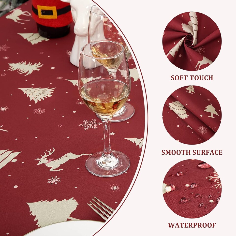 image 1 of London Boutique Round Christmas Tablecloth, Waterproof Washable, Deer Festive Print, Red‑Gold, 60 x 60 in