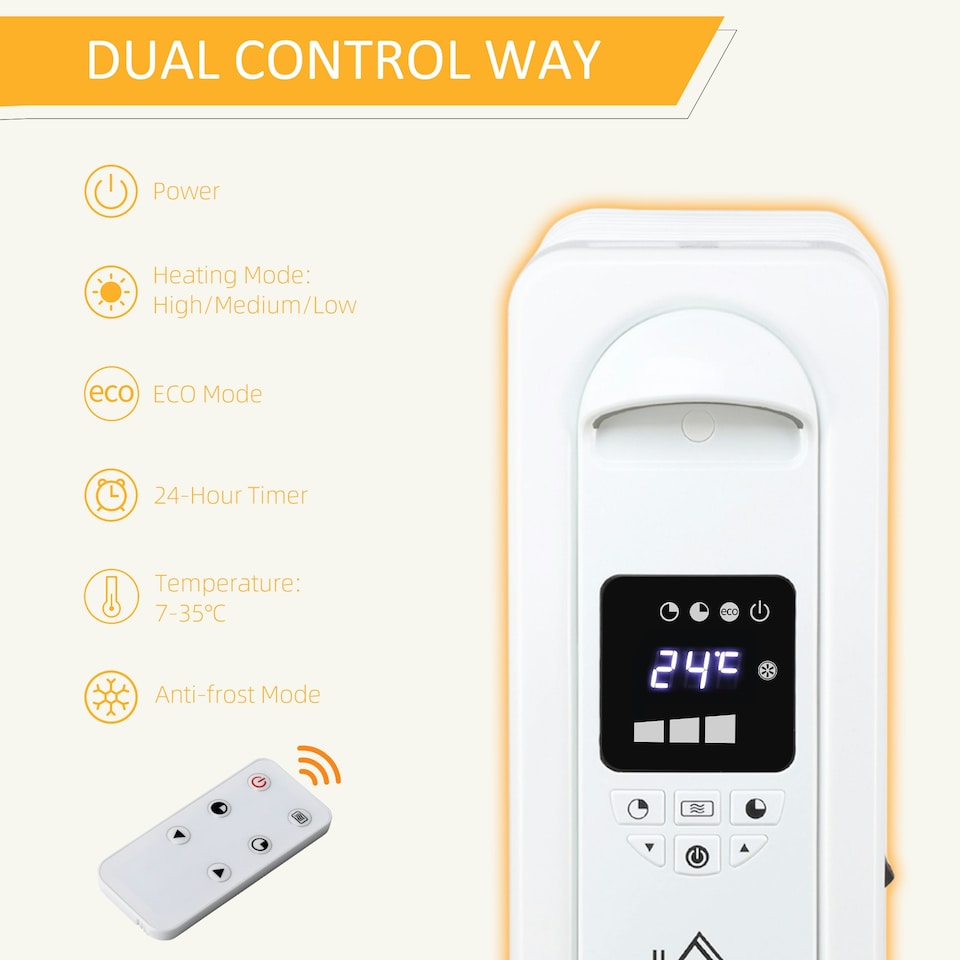 image 1 of HOMCOM Oil Filled Radiator Electric Heater 3 Heat Settings Remote