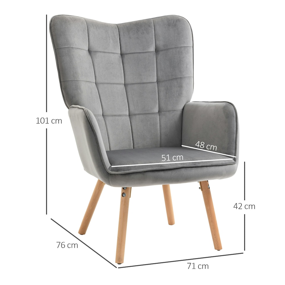 image 1 of HOMCOM Upholstered Tufted Wingback Armchair with Seat Padding, Grey