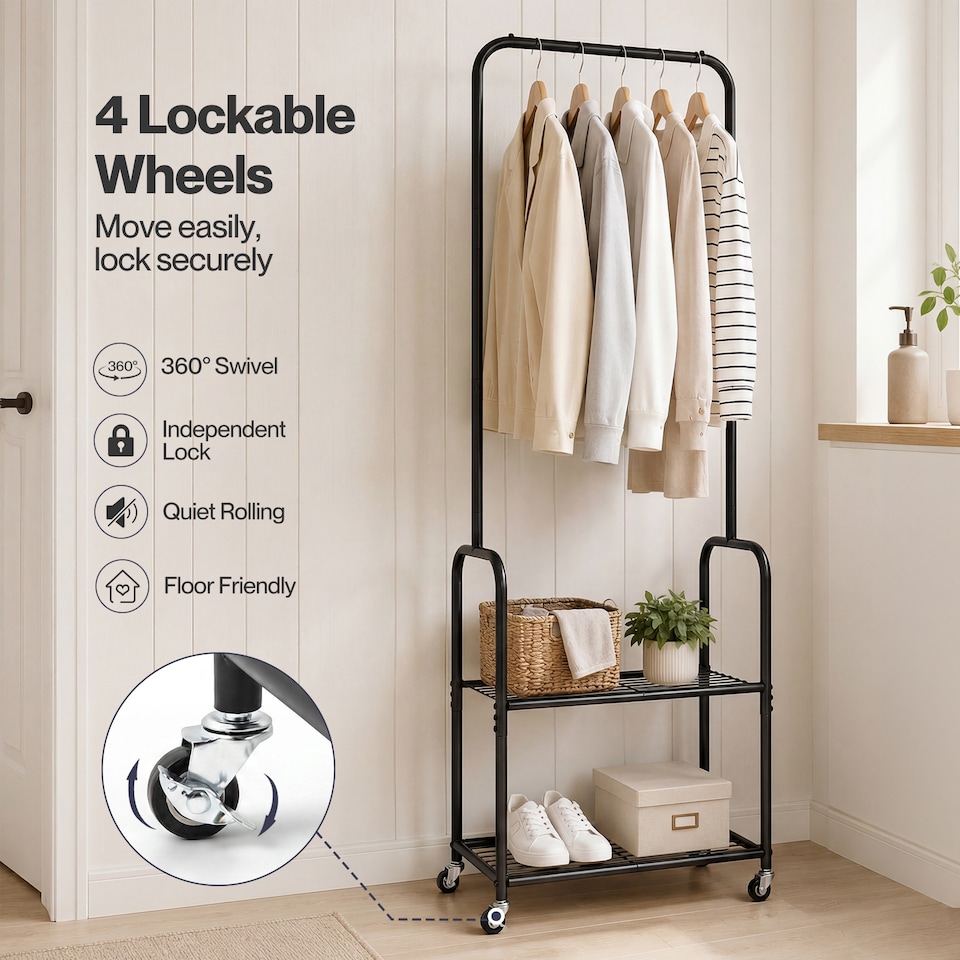 image 1 of Levede Clothes Rack Garment Organizer 2 Shelf Locking Wheels Bedroom Black