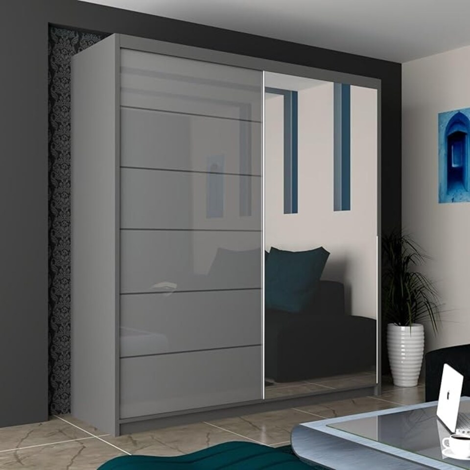 image 1 of Stylish 180cm Bedroom Wardrobe with Sleek Design & Space-Saving Sliding Doors Grey | Grey180cm