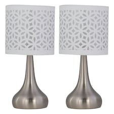 Set of 2 Romana - Brushed Chrome Touch Operated Table Lamps Bedside Lights White Laser Cut Shade Silver | White