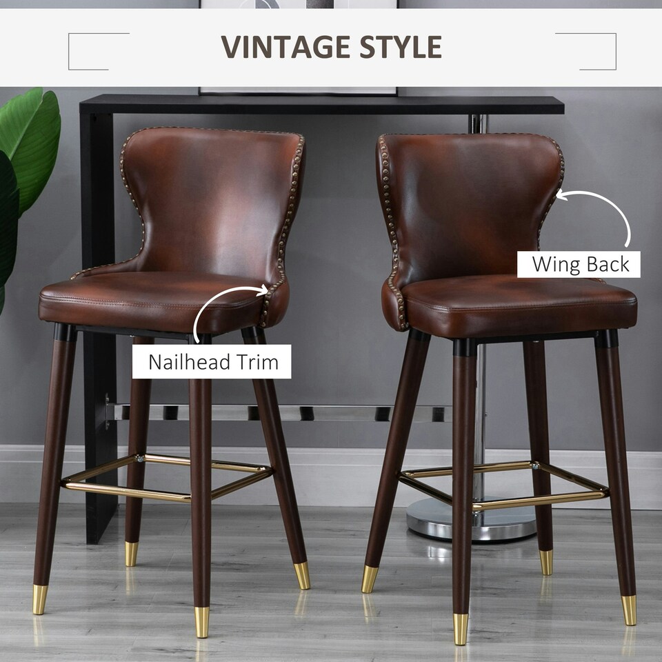 image 1 of HOMCOM Luxury Bar Stools Set of 2 with Back, PU Leather Upholstery, Brown