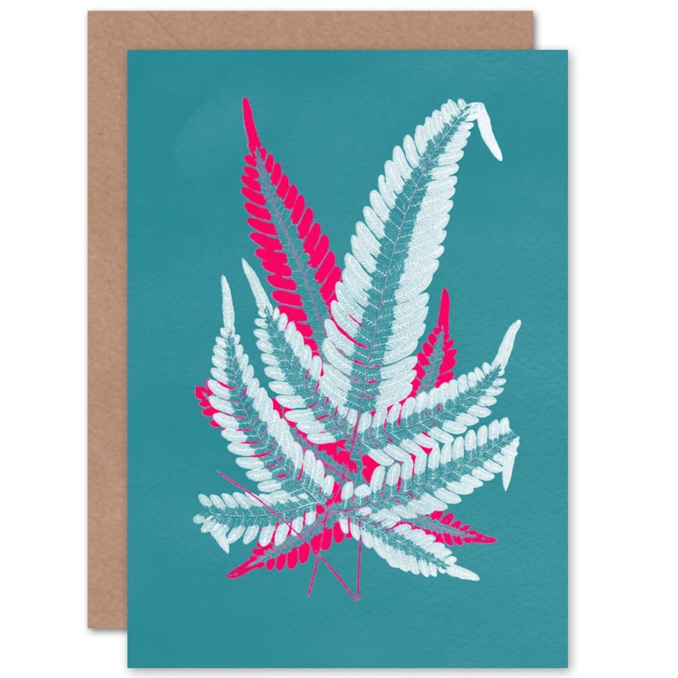 image 1 of Bright Coloured Fern Teal Pink Just To Say Blank Art Card