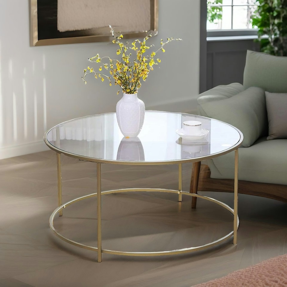 image 1 of Industrial Tempered Glass Round Coffee Table Gold Gold