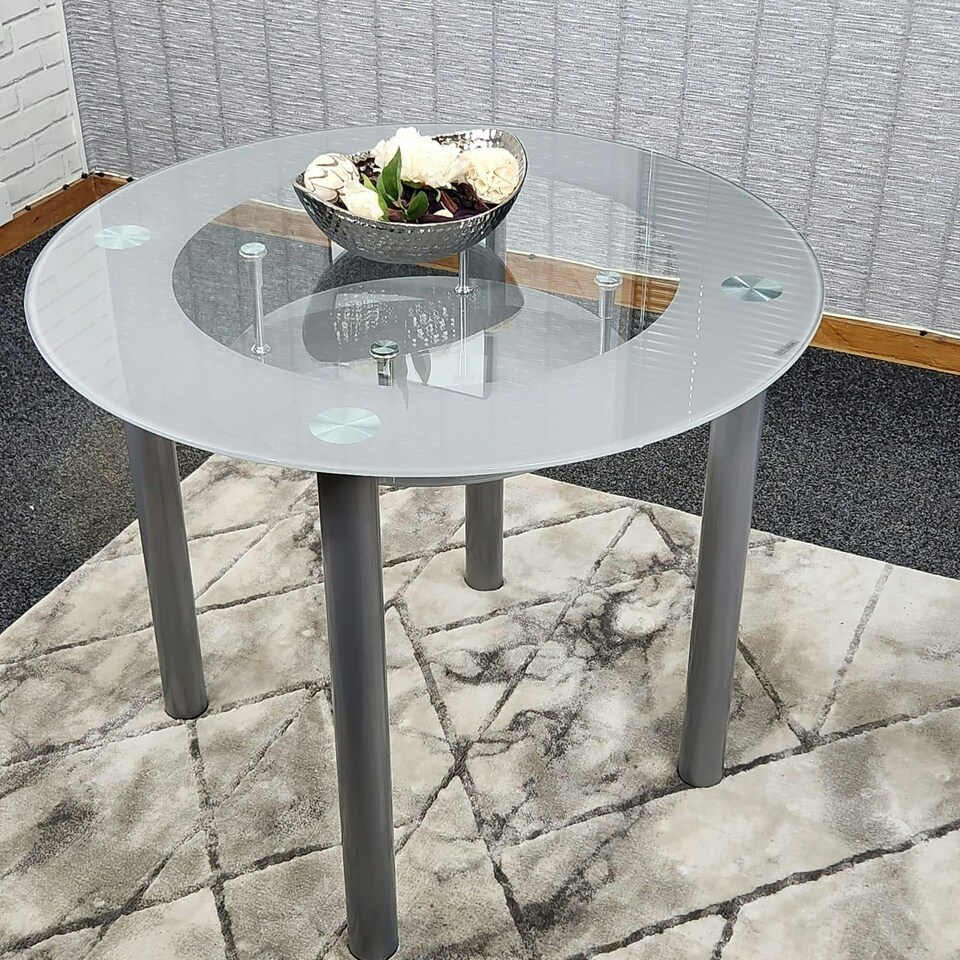 image 1 of Glass Grey Dining Table Round Dining Table Dining Room Kitchen Furniture Grey