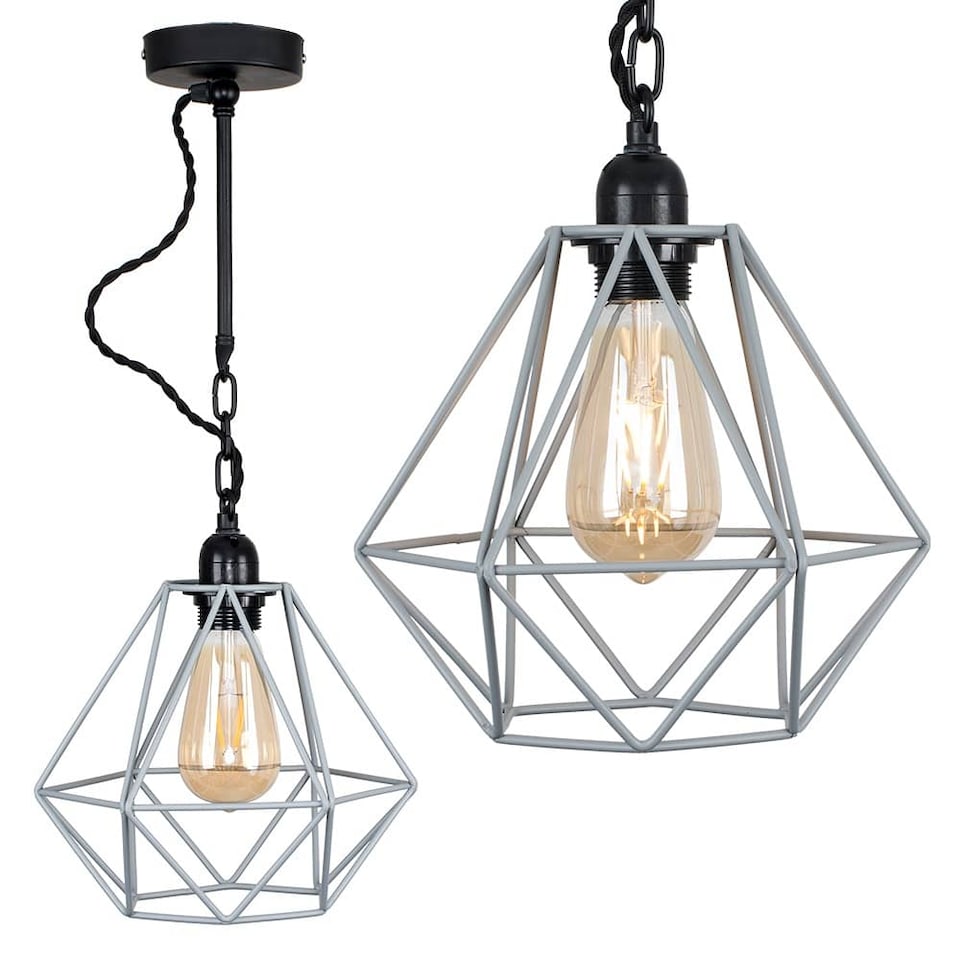 image 1 of ValueLights Huber Black Steampunk Ceiling Light With Grey Wire Pendant Shade | Grey