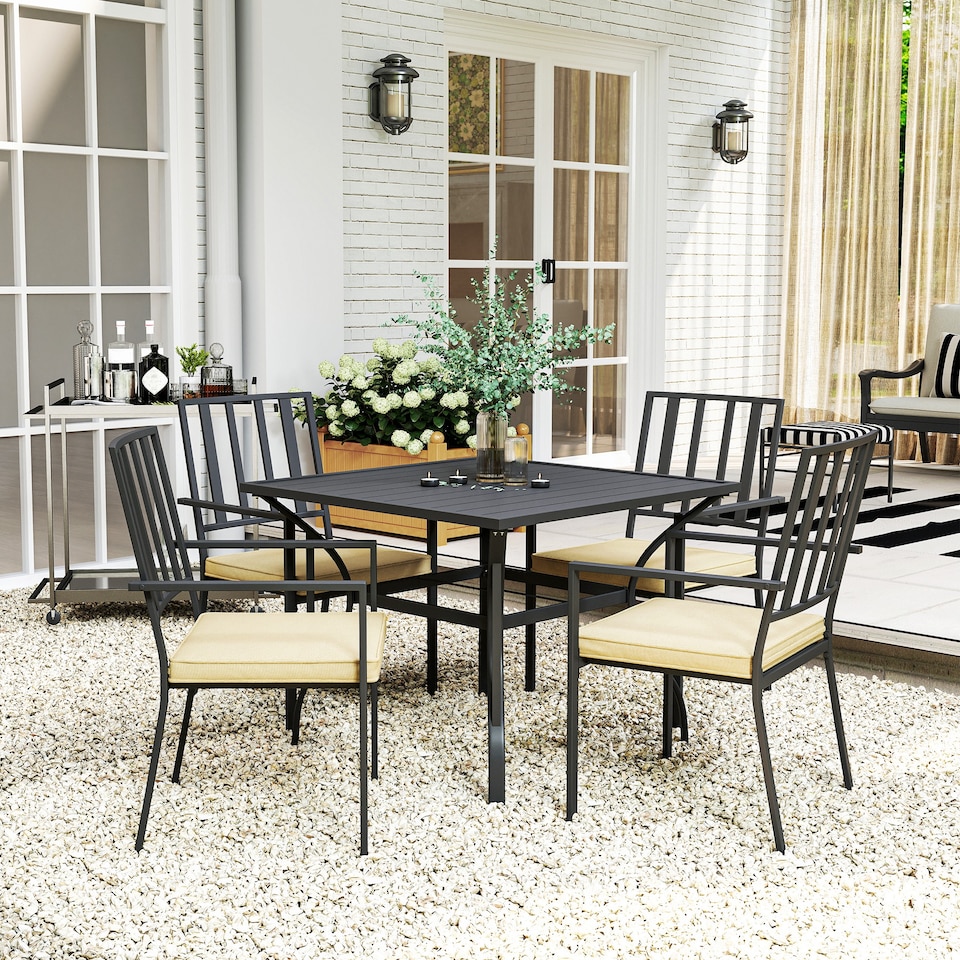 image 1 of Outsunny 5 Pieces Garden Dining Set with Cushions, Outdoor Patio Table and 4 Stackable Chairs, Metal Top Table with Umbrella Hole, Black