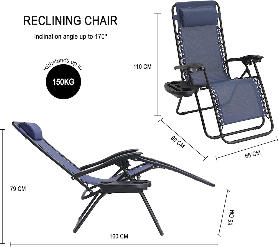 image 1 of Straame Zero Gravity Reclining Chairs, Set of 2 Folding Outdoor Sunloungers (Navy) | Blue | Navy | 2