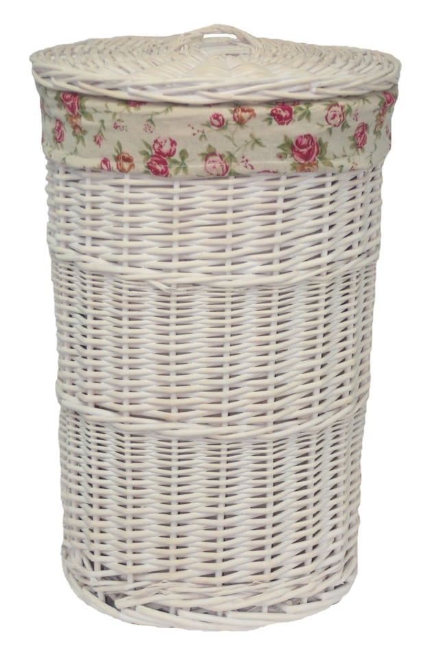 image 1 of Small Round White Wash Laundry Basket with a Garden Rose Lining | Multi | Garden Rose