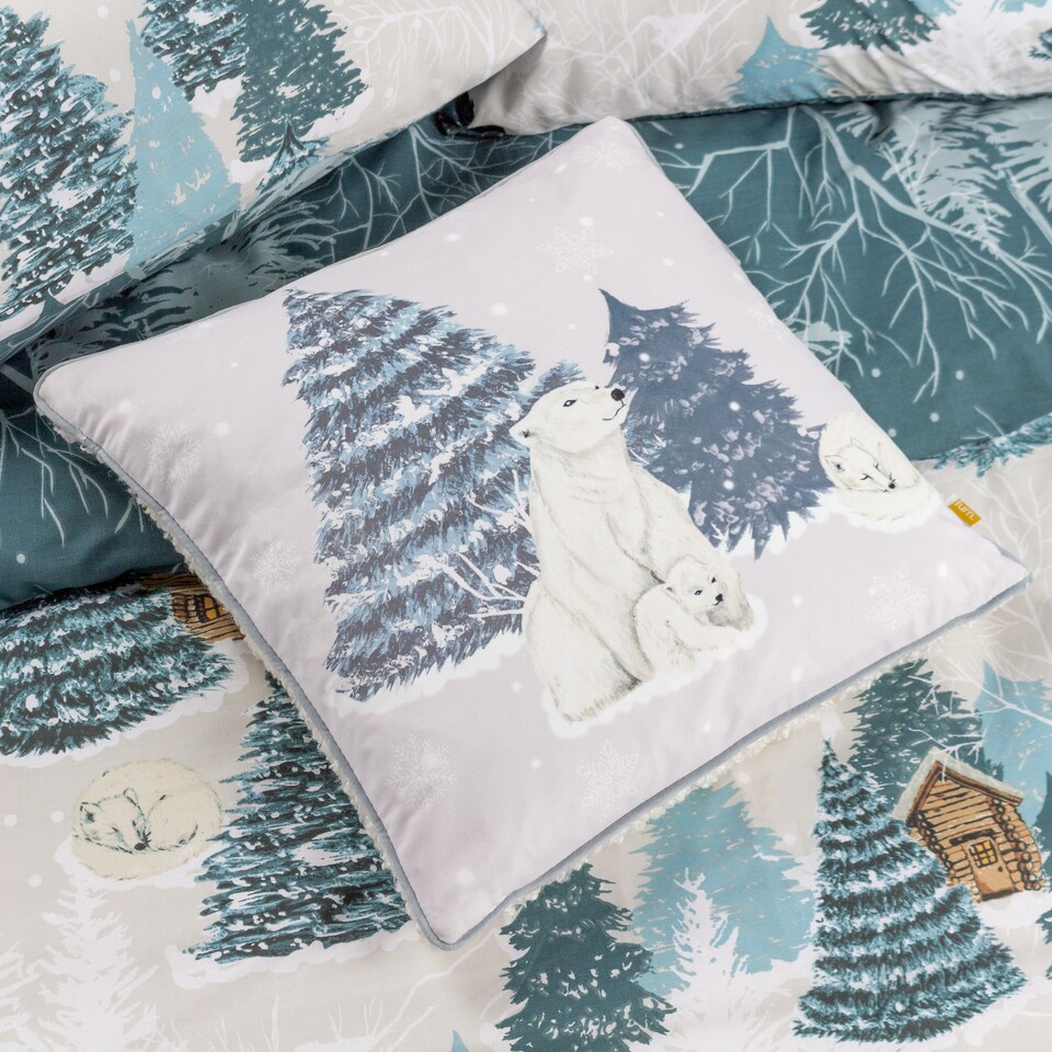image 1 of Furn Arcticus Polar Bear Fleece Christmas Cushion, Blue, 45 x 45cm