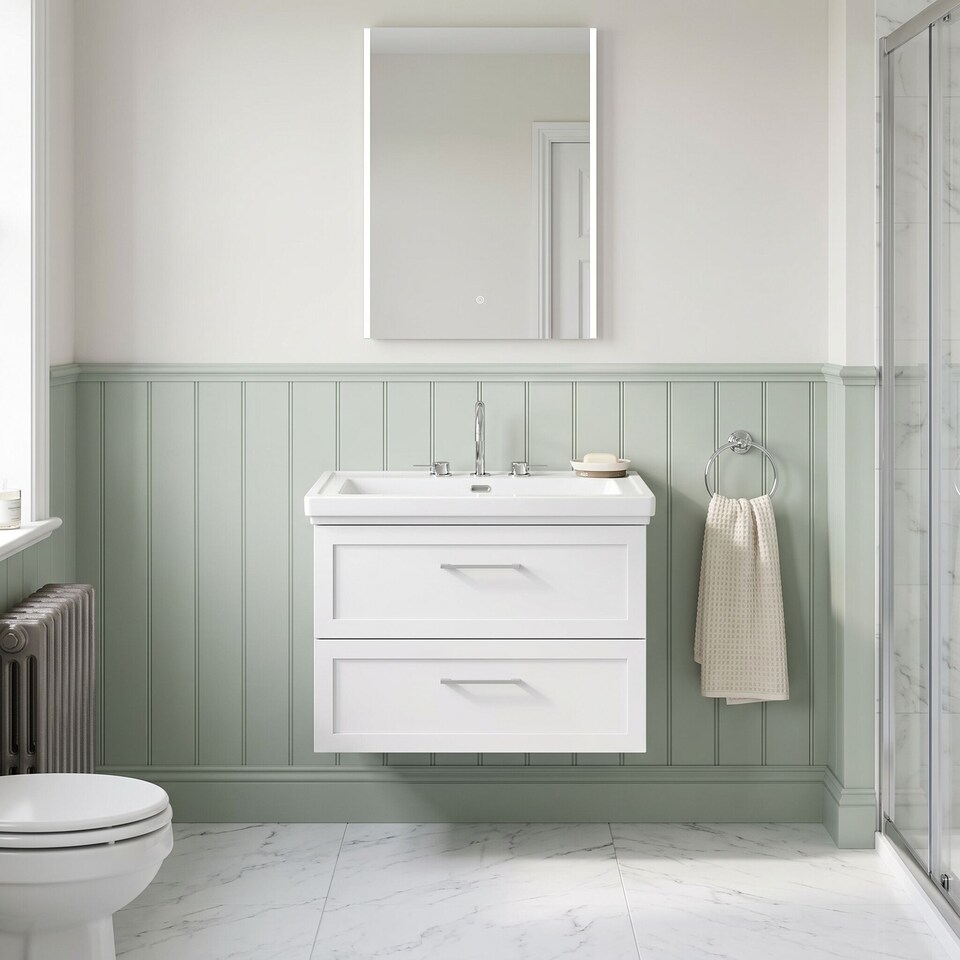 image 1 of Balterley Stonnall Traditional Wall Hung 2 Drawers Vanity Unit with Traditional 3 Tap Hole Fireclay Basin, 800mm, Matt White