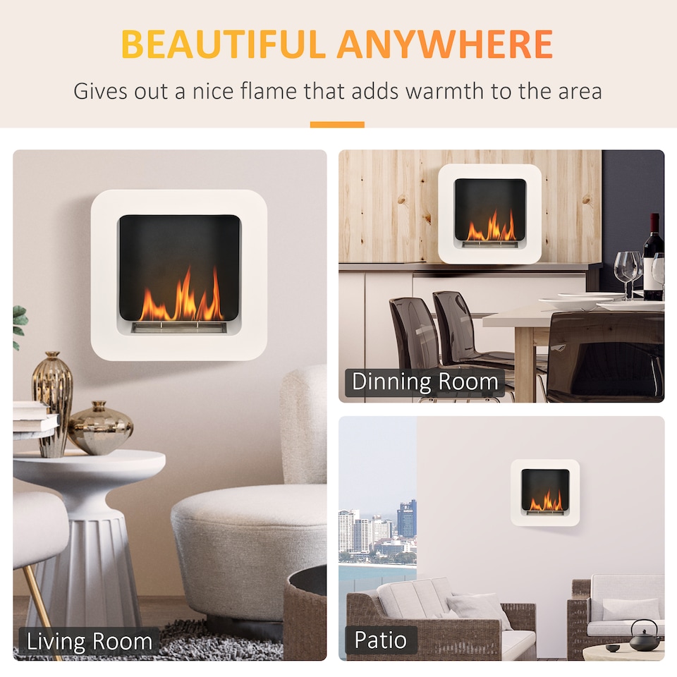 image 1 of HOMCOM Wall Mounted Ethanol Fireplace, Bioethanol Heater Stove Fire with 1L Tank, 2.5 Hour Burning Time, 48 x 48 cm, White