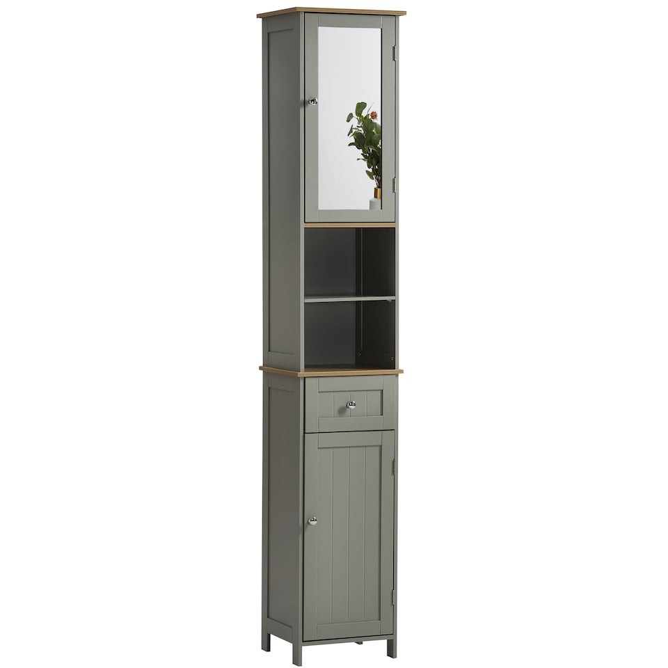 image 1 of Bath Vida Priano 2 Door Tall Bathroom Cabinet With Mirror, Grey & Oak