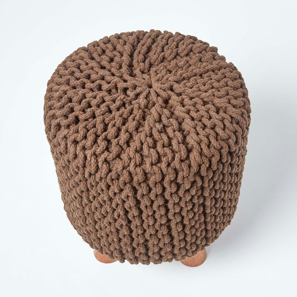 image 1 of Homescapes Chocolate Brown Tall Cotton Knitted Footstool on Legs